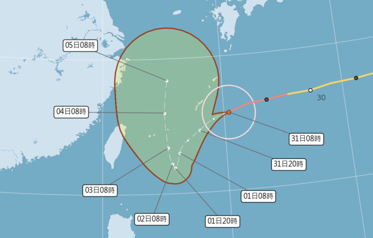 ▲強烈颱風軒嵐諾預計逐漸向西南方移動後再北轉，氣象專家吳德榮提醒，一旦軒嵐諾颱風中心移動到石垣島附近，發布海上警報機率就相當高。（圖／翻攝中央氣象局官網）