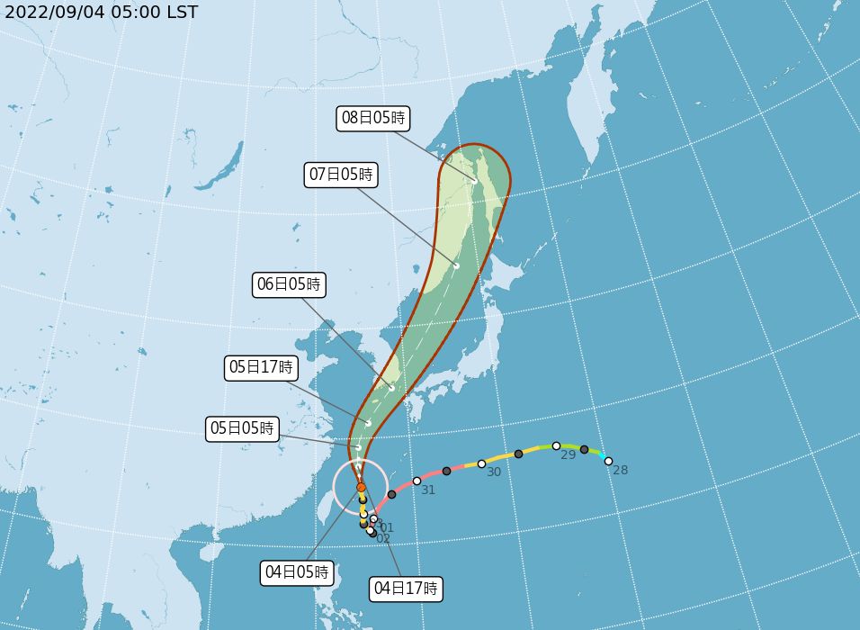 ▲軒嵐諾今（4）晨5時中心位置在北緯25.5度，東經124.6度，即台北的東北東方約320公里海面上，以每小時15轉19公里速度，向北進行。（圖／中央氣象局）