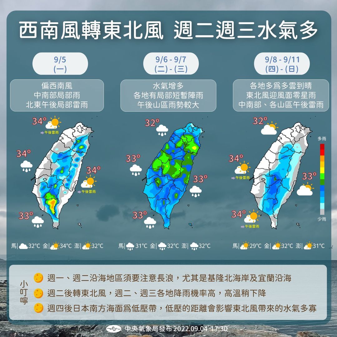 ▲氣象局預估，週末中秋節連假各地大多為多雲到晴，不過受到東北風影響，迎風面的東北部地區及東部地區有零星短暫陣雨，中秋賞月得碰點運氣。（圖／中央氣象局提供）