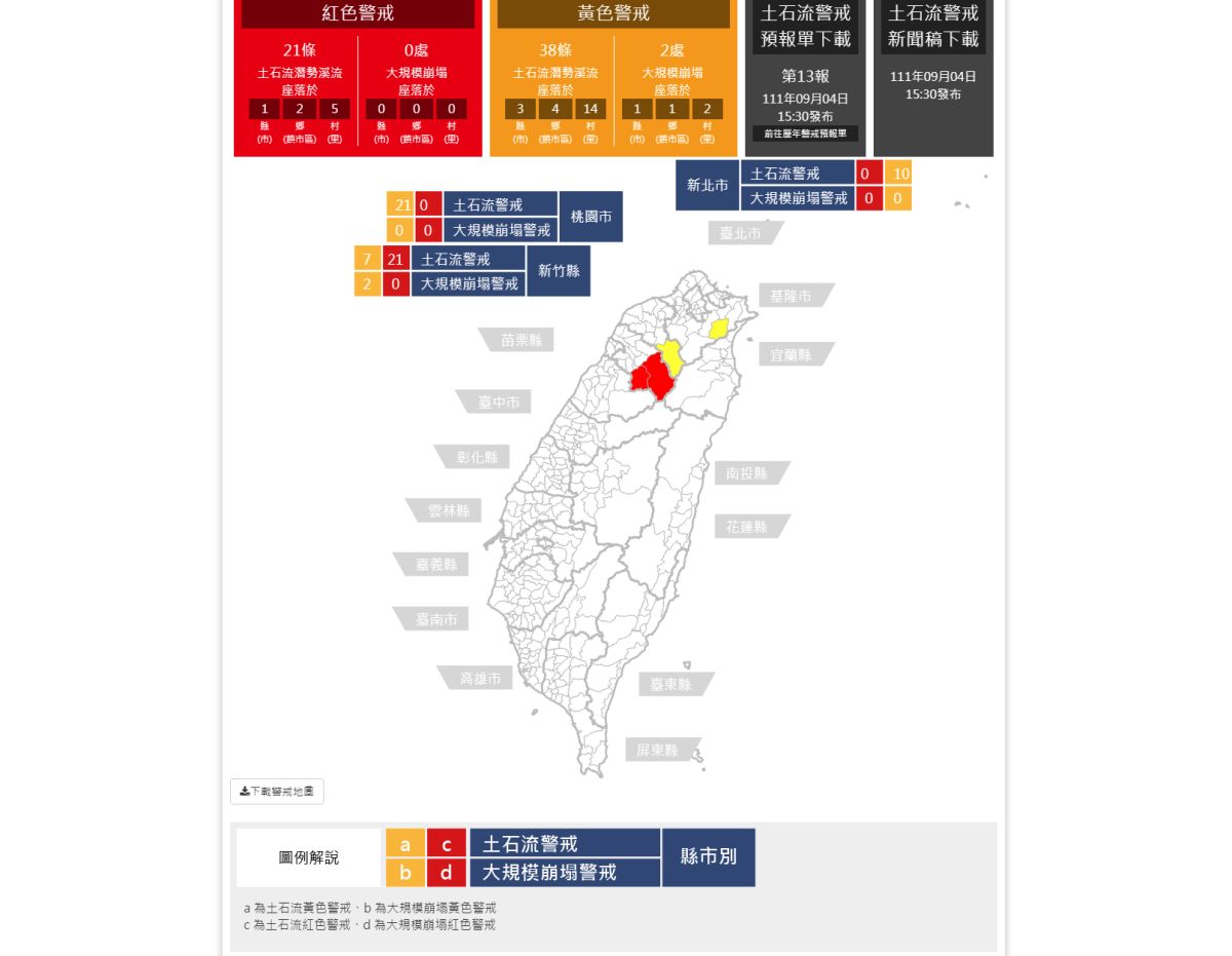 ▲颱風漸遠離，不過，今（4）日截至下午3時30分，還有1縣2鄉5村發布21條土石流潛勢溪流紅色警戒。（圖／擷取自農委會土石流防災資訊網）