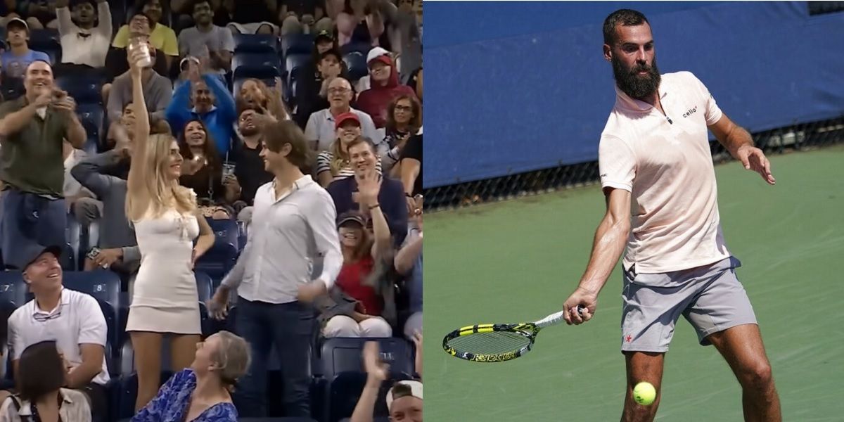 ▲「美網啤酒妹」Megan Lucky爆紅，法國球員Benoit Paire邀請他喝一杯。（圖／美聯社／達志影像，翻攝自YouTube）