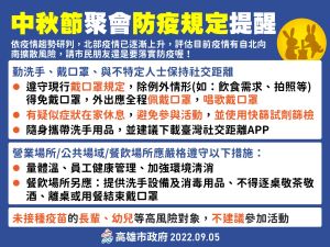 ▲中秋節聚會防疫規定提醒。(圖/高市府提供) ▲中秋節聚會防疫規定提醒。(圖/高市府提供)