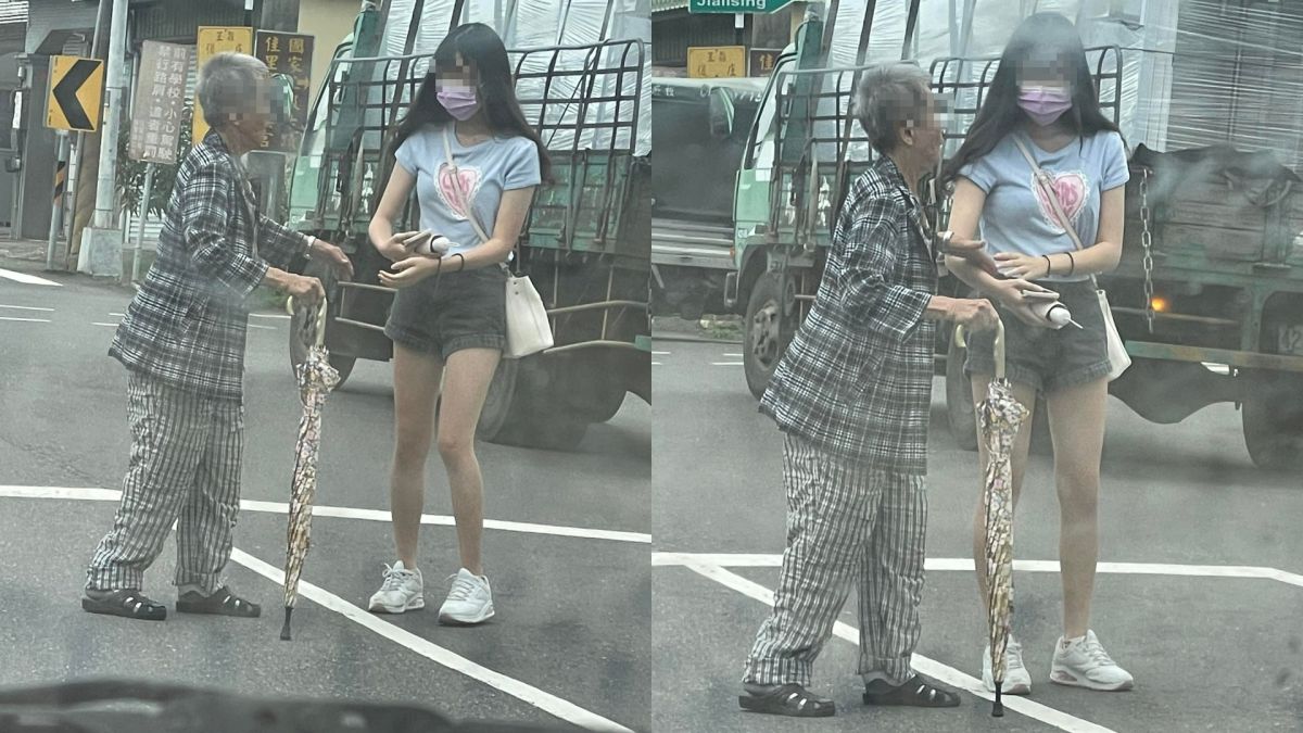 ▲有網友目睹一位長腿正妹眼見老奶奶想過馬路，急忙上前主動幫忙攙扶。（圖／翻攝《爆廢公社》）