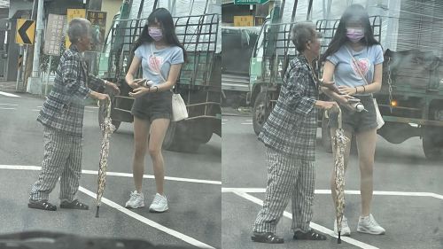 ▲有網友目睹一位長腿正妹眼見老奶奶想過馬路，急忙上前主動幫忙攙扶。（圖／翻攝《爆廢公社》）