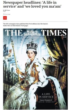 ▲英國各大報9日刊出歷史性頭版，多家採用同一張女王加冕肖像照，泰晤士報則加上「一生服務國家」。（圖取自英國廣播公司網頁）