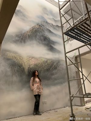 ▲壁畫創作讓張麗佳經常得在10幾公尺高的架子爬上爬下，不過她完全不害怕。（圖／翻攝自微博）