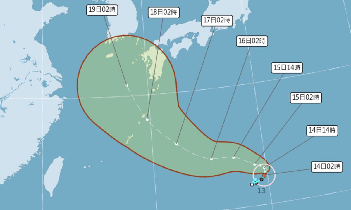 ▲位於硫磺島西南方海面上的熱帶性低氣壓，今日凌晨2時已經發展成為今年第14號颱風，中文譯名為「南瑪都」，預估未來將移動到琉球附近海面。（圖／翻攝中央氣象局官網）
