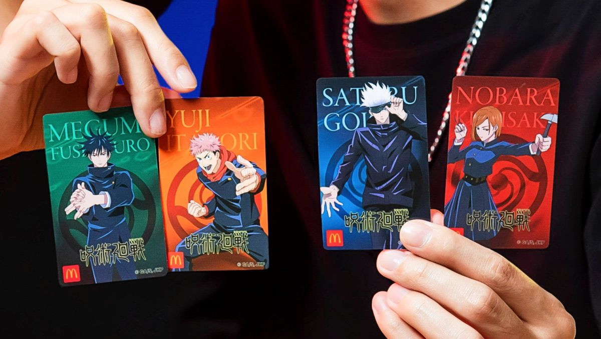 ▲台灣麥當勞今（14）日開賣全新的《咒術迴戰》聯名甜心卡，共4種卡面設計，每張39元，全台限量50萬張。（圖／業者提供）