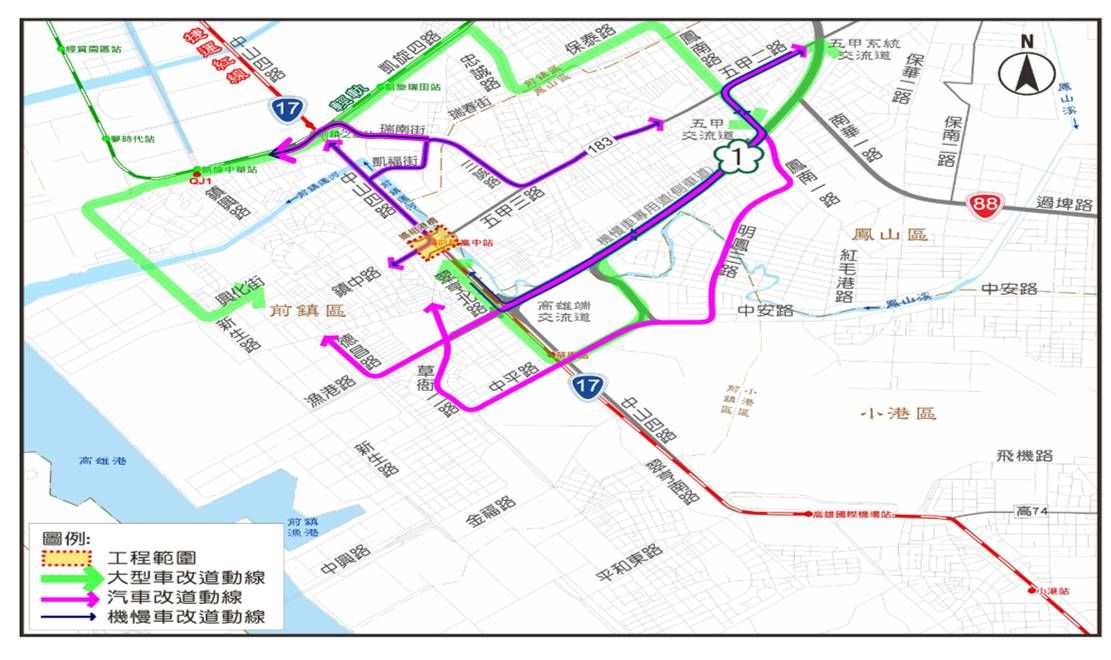 ▲高市前鎮媽祖港橋今年6月起施工，高市警籲請多利用三誠路、鳳南路等周邊替代道路改道行駛。(圖／高市交通大隊提供)