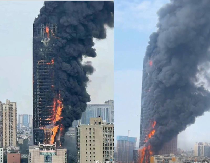 ▲長沙中國電信大樓起火，現場火勢相當驚人。（圖／翻攝自微博）