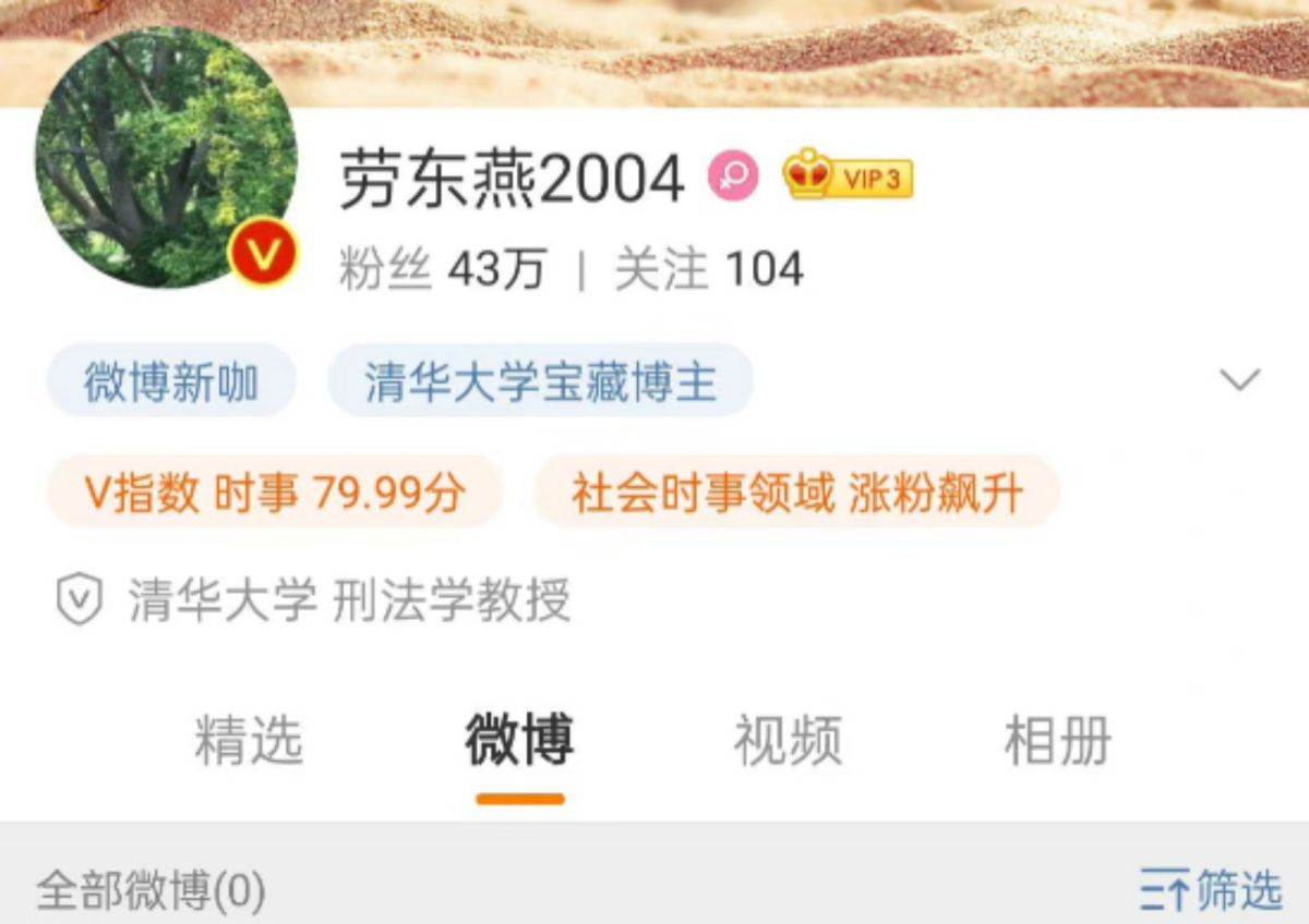 ▲曾批評北京疫情管控侵犯公民權利的中國清華大學法學者勞東燕，其微博被發現遭清空。（圖／翻攝自微博）