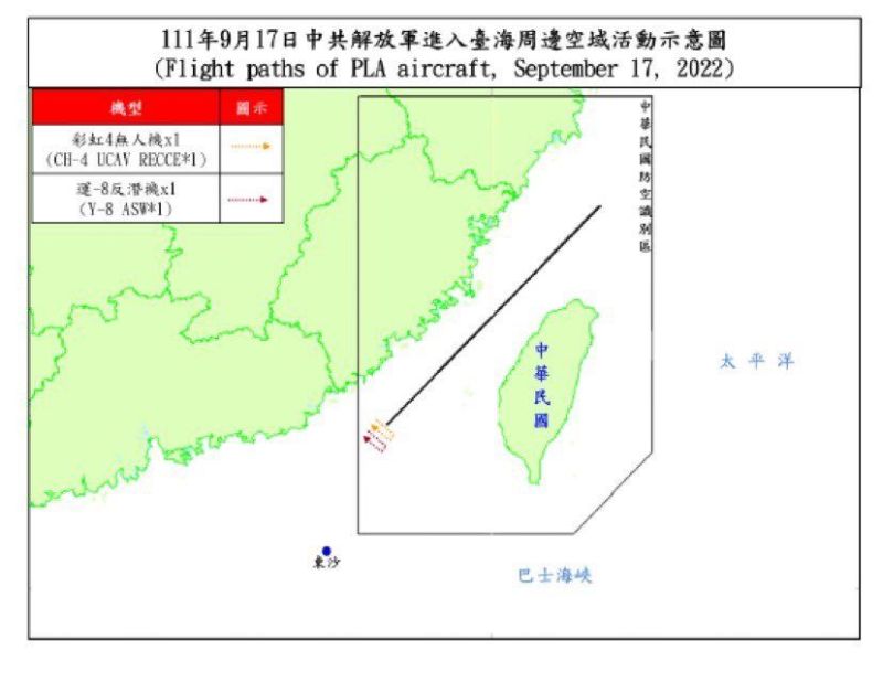 ▲偵獲共機20架次(其中進入西南空域2架次)、共艦5艘次,持續於臺灣周邊海空域活動。(圖/國防部提供)