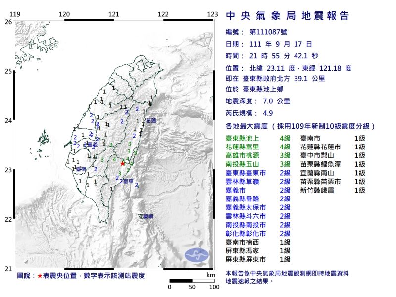 ▲今(17)日晚間21點41分,台東地區發生芮氏規模6.4地震(圖/氣象局提供)