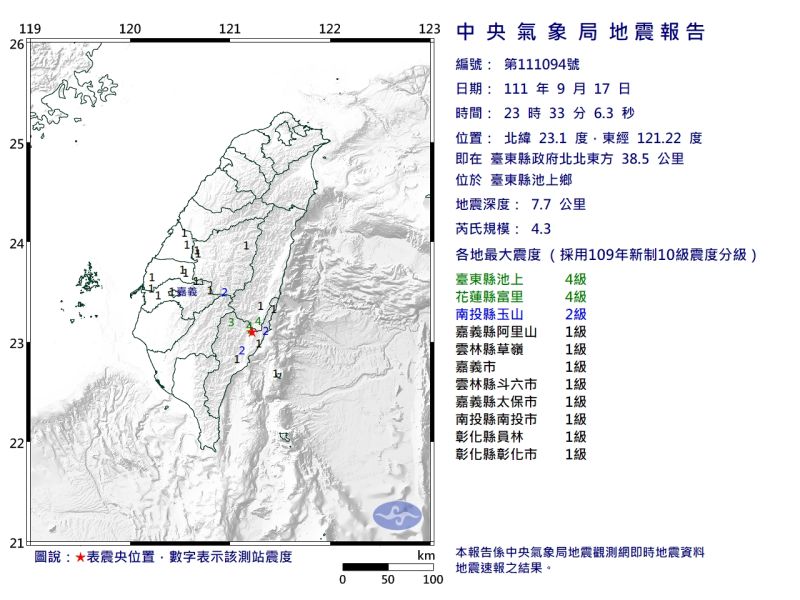 ▲台灣今(17)日晚間21時41分發生規模6.4地震,全台有感,之後又發生多起餘震。(圖/氣象局提供)