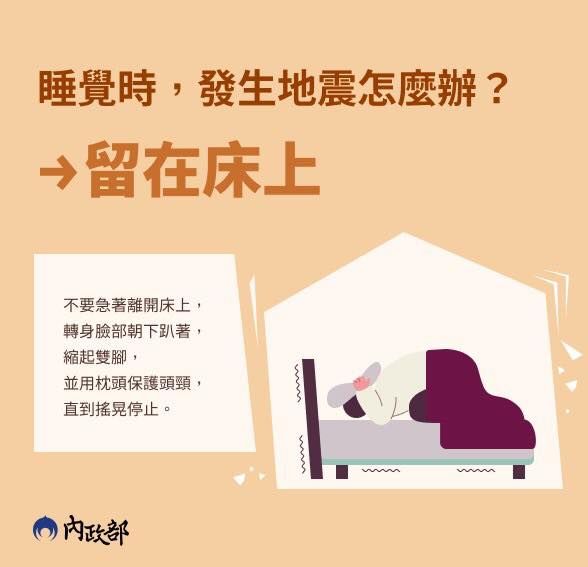 ▲內政部分享在睡覺時遇到地震的正確應變方式。（圖／內政部臉書）