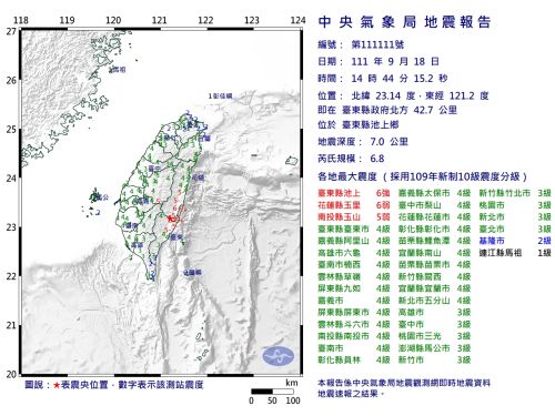 ▲中央氣象局表示，今（18）日下午14:44左右，台東池上又發生有感地震。（圖／中央氣象局）