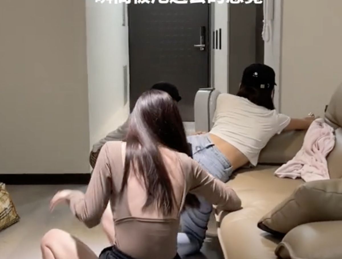 ▲網友跟朋友到台南遊玩遇上強震，住在20幾樓飯店的他們直接被甩飛。（圖/Tik Tok@Lu闆娘）