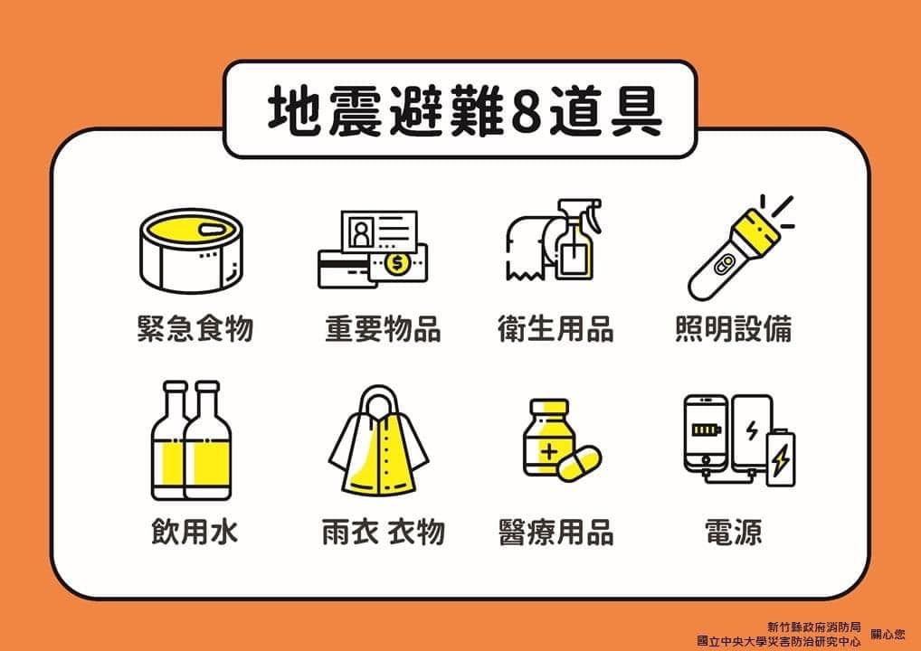 ▲台東發生芮氏規模6.8地震，新竹縣芎林消防分隊宣導「保命3步驟」，「趴下」、「掩護」、「穩住」並公開避難包「救命8道具」，並公開避難包「救命8道具」，緊急防災食物、重要物品、衛生用品、照明設備、飲用水、雨衣和衣物、醫療用品、電源。更建議至少需備妥3日份，並且每半年更新；搭配有小孩家庭與有寵物家庭所需，通通一圖看懂。（圖／翻攝自芎林消防分隊FB）
