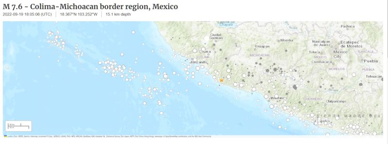 ▲墨西哥西部傳出規模7.5強震，這是當地多年來在9/19的第3個嚴重地震。（圖／翻攝自USGS）