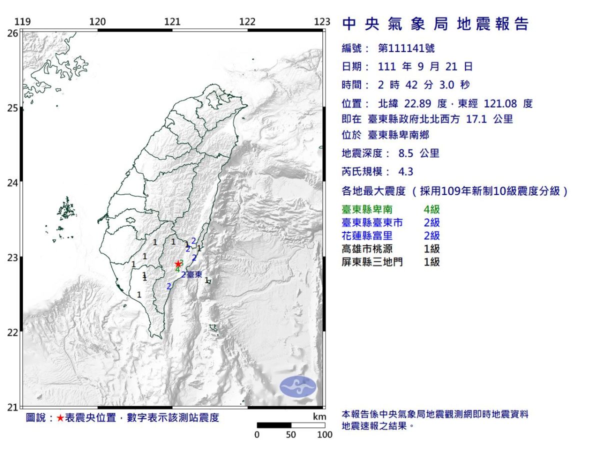 ▲花蓮、台東地區更連續發生4起有感地震，其中規模最大為4.3，震央位置在台東卑南鄉，最大震度4級。（圖／中央氣象局）