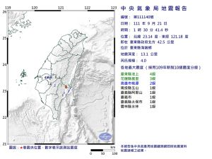 ▲凌晨1時30分，台東海端鄉發生地震，芮氏規模4，深度13.1公里。（圖／翻攝畫面）