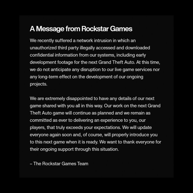 ▲針對《GTA6》早期開發影片被外洩，Rockstar Games官方日前也發布聲明證實此事。（圖／翻攝自Rockstar Games推特）