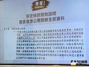 農委會合約 ▲張善政強調,合約上面寫的白紙黑字,農委會(甲方)與乙方(宏碁)之間對研究計畫內容成果有保密條款,而且沒有保密終止的期限。(圖/記者李春台攝,2022.09.21)