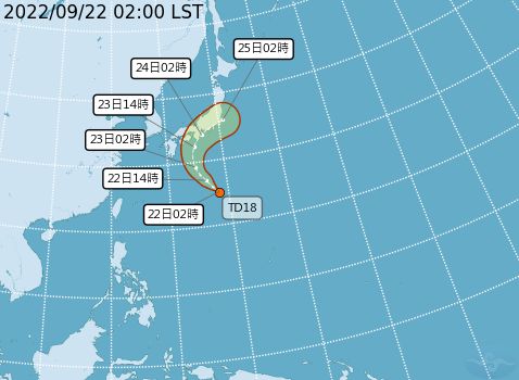 ▲吳德榮表示，最新路徑潛勢預測圖顯示，日本南方海面的「熱帶低壓」將發展成「輕颱塔拉斯」，掠過日本本州南部。（圖／中央氣象局）