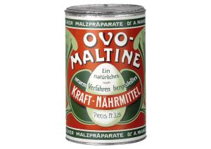 華福麥乳精 ▲1914 年引進上海的「華福麥乳精」(Ovomaltine)正是我們熟悉的「阿華田」,由雞蛋、牛奶、麥精化合而成,當年被視為高級的營養食品。圖為 1904 年的包裝,中間畫有雞蛋圖樣。