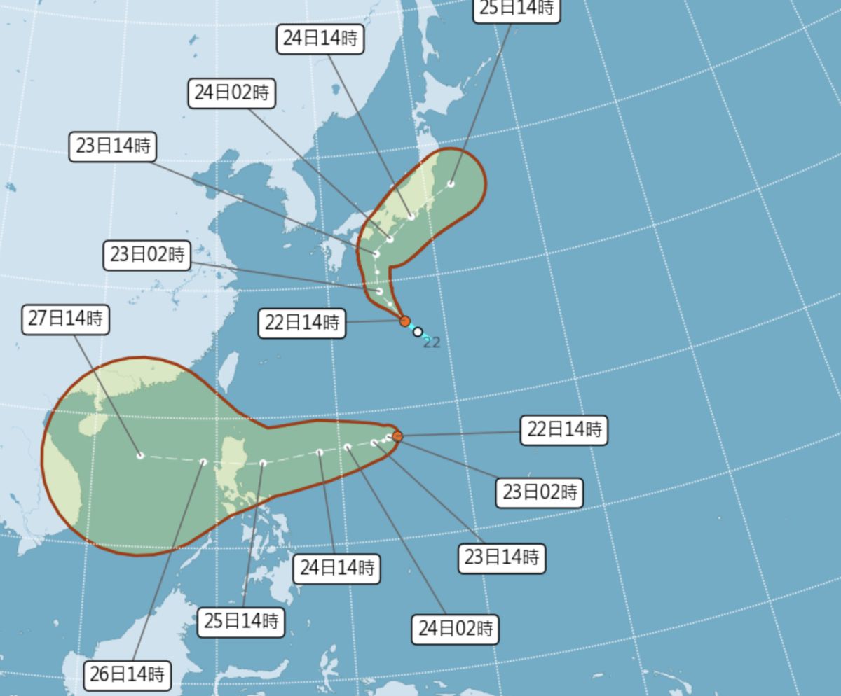▲目前在西北太平洋上有2個熱帶性低氣壓發展中，中央氣象局預估，未來的24小時內都有機會發展成為輕度颱風，不過應該不會直接影響台灣。（圖／翻攝中央氣象局官網）