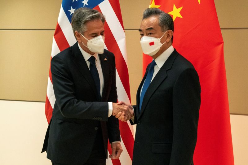 ▲美國國務卿布林肯23日與中國國務委員兼外交部長王毅會晤。布林肯向王毅強調，美國致力於台灣海峽和平穩定。（圖／美聯社／達志影像）