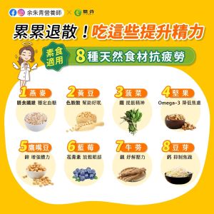 ▲8種天然食材有抗疲勞的效果，可以幫助恢復精力。（圖／取自《余朱青 營養師》FB）