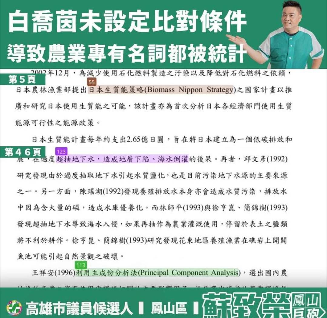 ▲蘇致榮也請韓粉發言人白喬茵用同樣檢視陳吉仲的標準，去檢視同黨 李雅靜、張善政、許淑華、林耕仁等論文、研究計畫。(圖／截至蘇致榮臉書)
