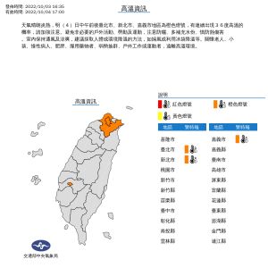 ▲氣象局針對臺北市、新北市、嘉義市地區發佈橙色高溫燈號,請民眾加強注意。(圖/中央氣象局) ▲氣象局針對臺北市、新北市、嘉義市地區發佈橙色高溫燈號,請民眾加強注意。(圖/中央氣象局)