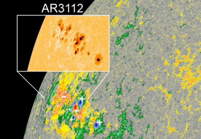 ▲太陽上最近出現最大的黑子群「AR3112」，範圍超過130,000萬公里，大約是地球直徑的10倍大。（圖／台北市立天文館提供）