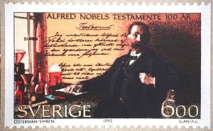 ▲1995年，德國郵政公司在諾貝爾創立基金的100週年之際，印刷這枚由德國和瑞典共同發行的郵票。（圖／美聯社）