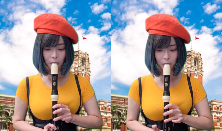 ▲雪乳戰神郭鬼鬼今（10）日趁著國慶日，化身今年國慶來台表演的日本京都橘高校的「橘色惡魔」，吹直笛演奏國旗歌慶祝。（圖／翻攝自郭鬼鬼IG）