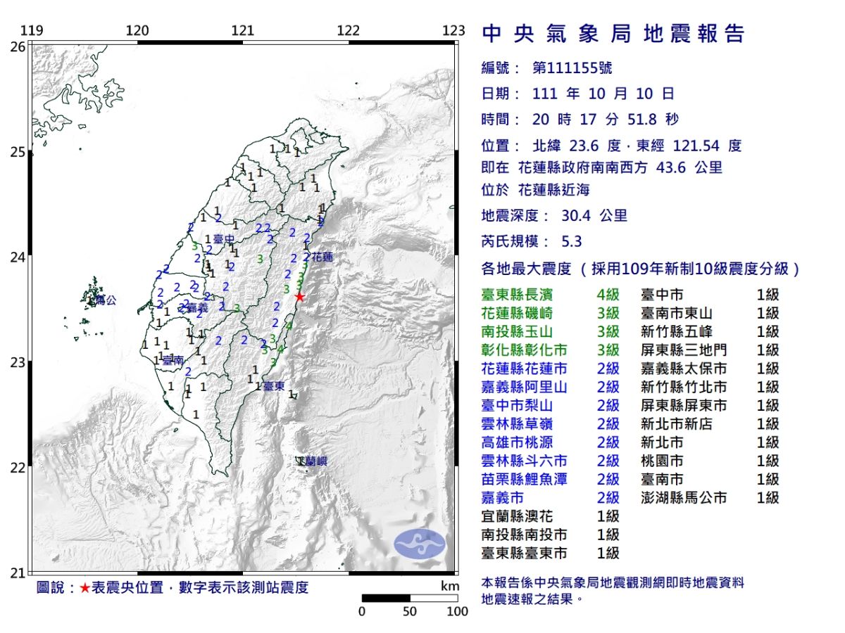 ▲今（10）晚20點17分台東發生芮氏5.3地震，最大震度4級。（圖／氣象局提供）