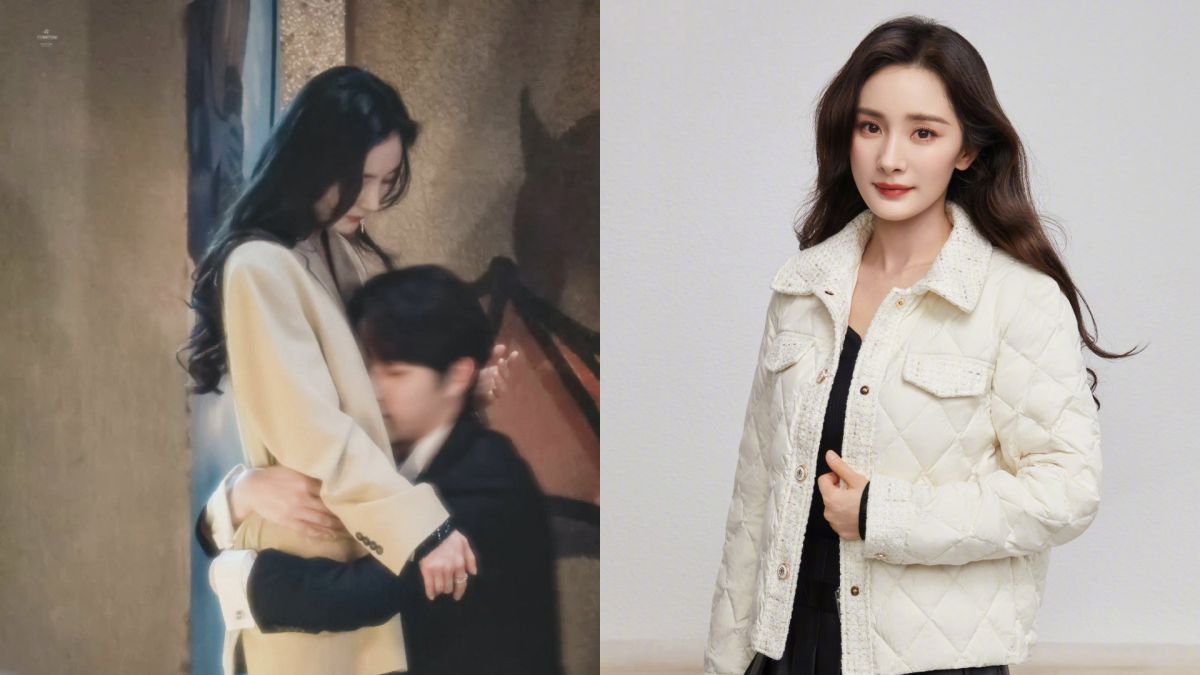 ▲楊冪被環抱埋胸的照片瘋傳，竟意外挨轟「都當媽的人了，要收斂一點。」（圖／翻攝自微博、楊冪官方微博）