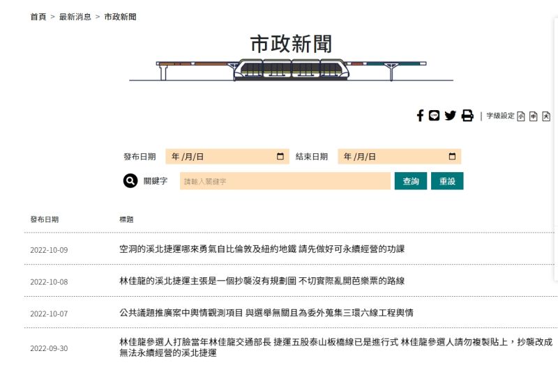 <p>▲新北市政府捷運工程局官網，有多條新聞直接抨擊林佳龍政見。（圖／翻攝新北市政府捷運工程局官網）</p>