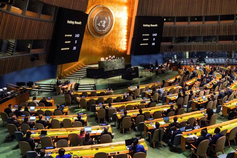 ▲聯合國大會（UN General Assembly）通過決議，讓俄羅斯為入侵烏克蘭造成的人員和財產損失進行賠償。（圖／美聯社／達志影像）