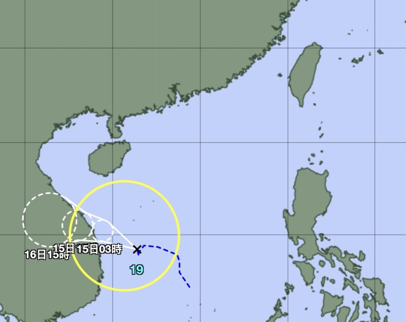 ▲原本位於南海附近的熱帶性低壓（TD22），今（14）日下午3時已正式發展成為今年第19號颱風，中文譯名為「桑卡」。（圖／翻攝自日本氣象廳）