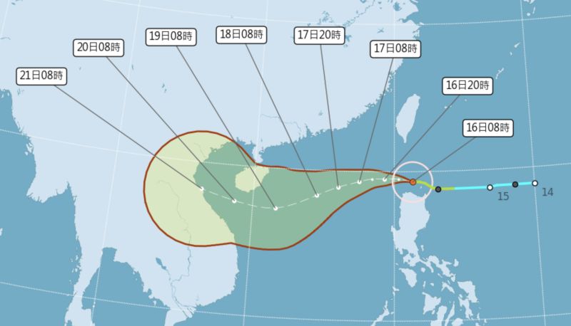 ▲尼莎颱風持續向西移動，預估強度有稍微增強的趨勢，暴風圈也逐漸擴大。（圖／翻攝中央氣象局官網）