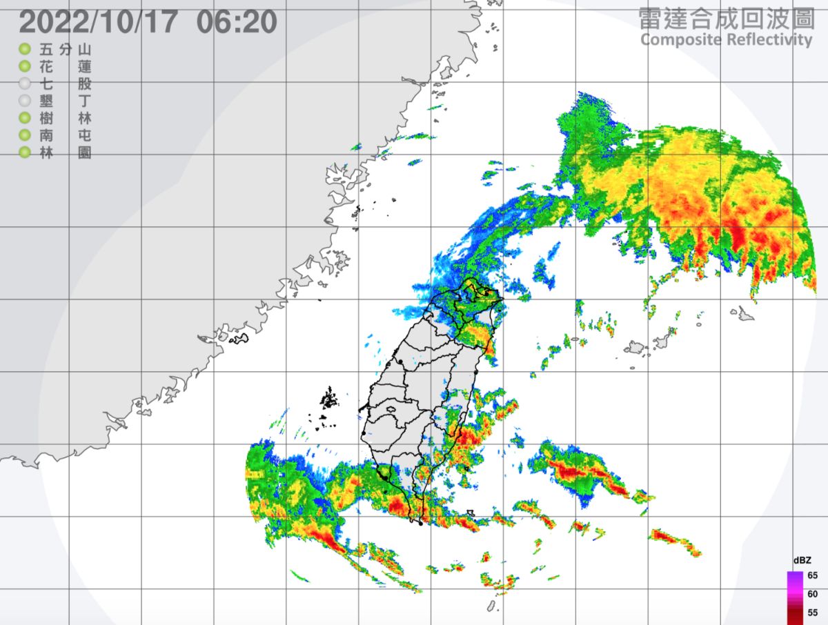 ▲今（17）日受到颱風外圍環流加上東北季風影響，北部、東半部地區及中南部山區雨勢明顯，其他地區也有局部短暫陣雨。（圖／中央氣象局）
