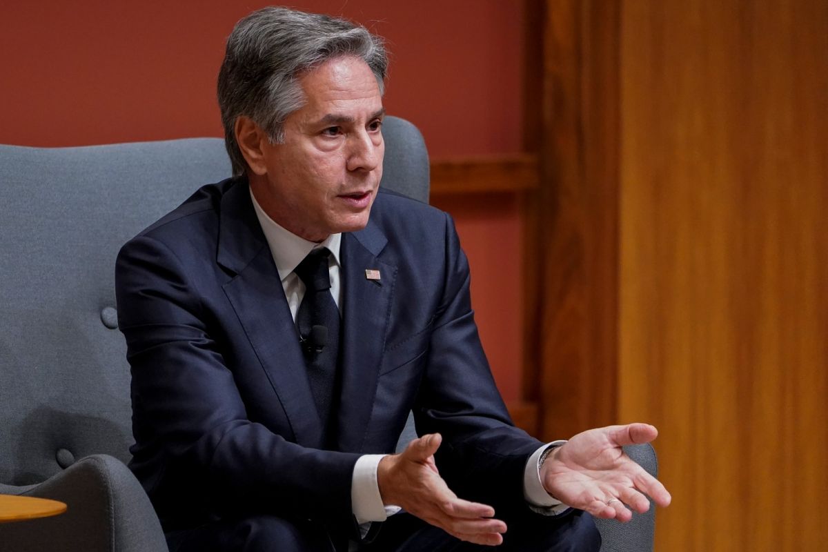 ▲美國國務卿布林肯17日在史丹佛大學出席活動時，也提到台海局勢和台灣半導體的重要性。（圖／美聯社／達志影像）