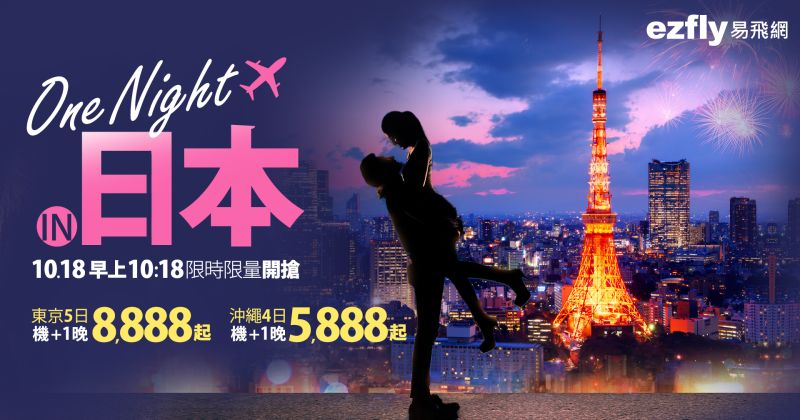 ▲首波限時搶購活動「One night in 日本」於今（18）日正式開跑，針對日本熱門航點祭出自由行包機行程特惠促銷，不僅東京5日+1晚下殺萬元有找，挑戰市場最低價：「東京5日+1晚住宿8,888元起（未稅）、沖繩4日+1晚住宿最低僅5,888元起（未稅）。」（圖／易飛網）