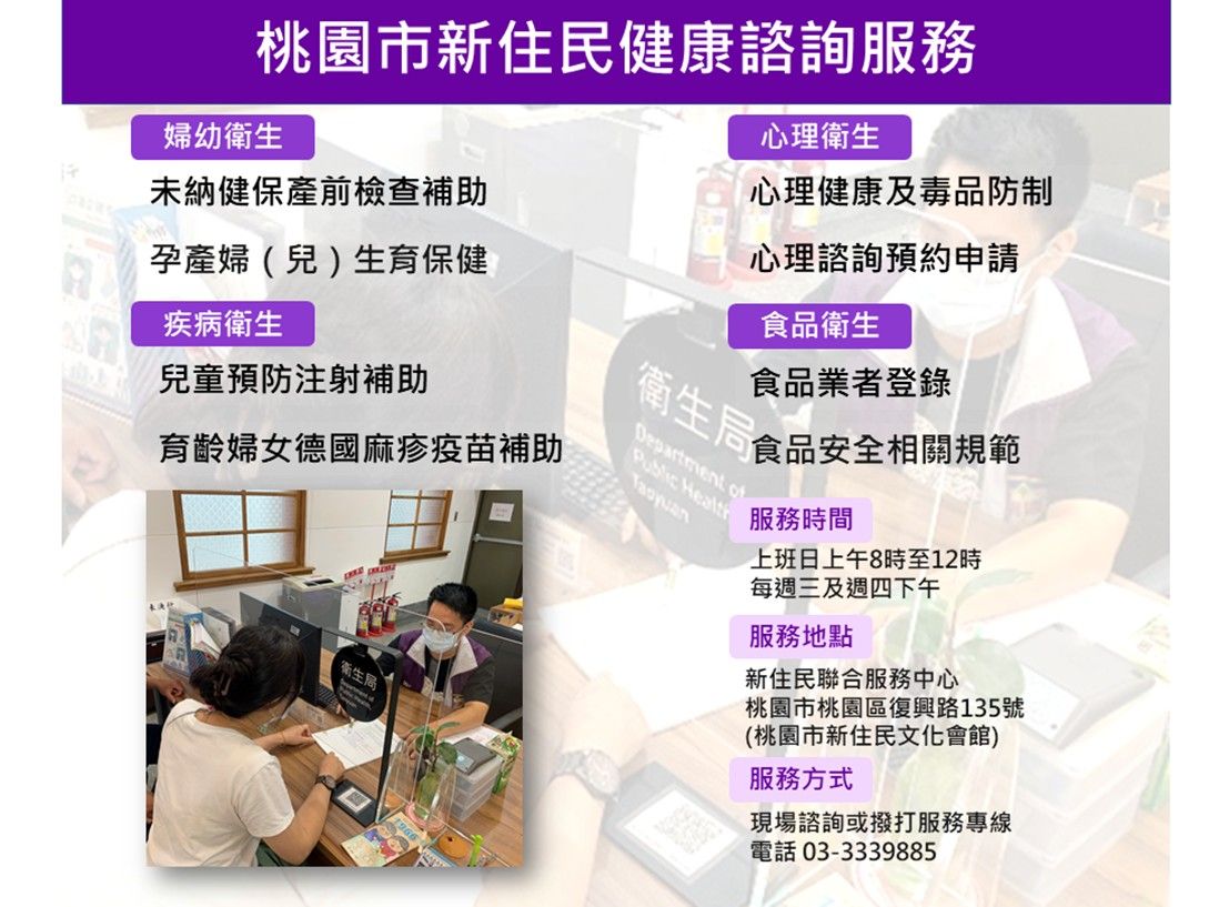 ▲歡迎新住民朋友前往聯合服務中心或電話諮詢。（圖／桃園市衛生局）