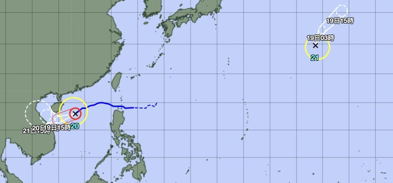 ▲日前位於日本東南方海面的低氣壓，於今（18）日下午2點發展為輕度颱風，今年標號第21號，中文譯名「海棠」。（圖／翻攝自日本氣象廳）