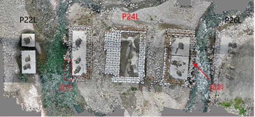 ▲經110年颱洪沖刷後，有施作保護新工法的試驗橋址（P24L）與鄰近橋基沖刷情形比較。（圖／交通部運輸研究所提供）