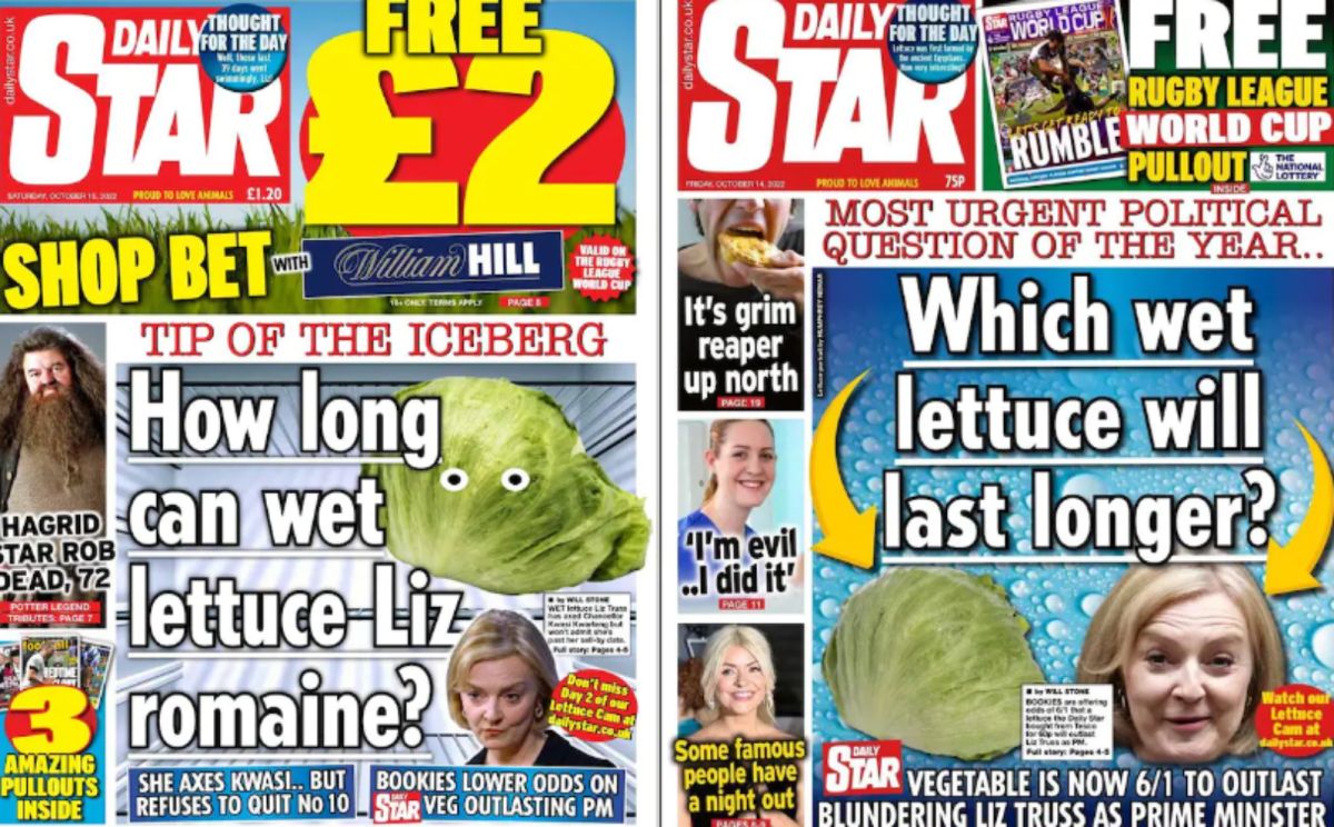 ▲英國首相特拉斯極為短命的首相生涯，意外被與萵苣的保存期限連結，並演變成全球的笑話梗。（圖／翻攝自每日星報）